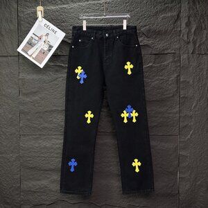 Chrome Hearts Blue And Yellow Sanskrit Cross Patch Washed Jeans